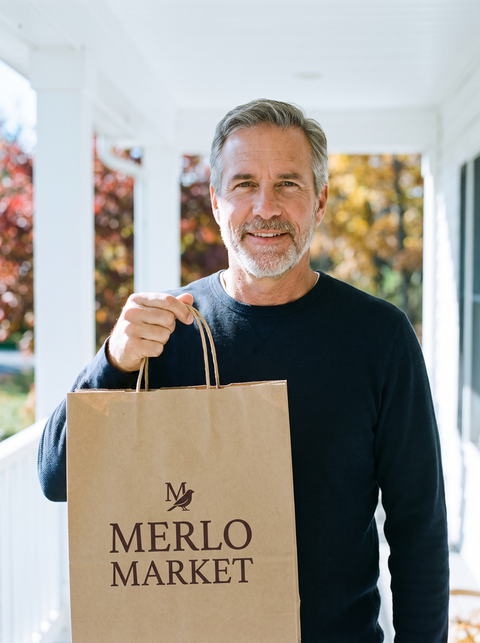 Man on a porch with a Merlo Market shopping bag