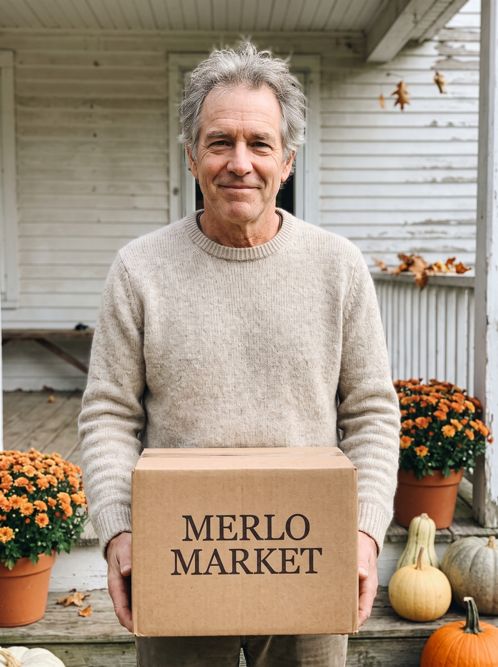 Man with a Merlo Market box on a porch