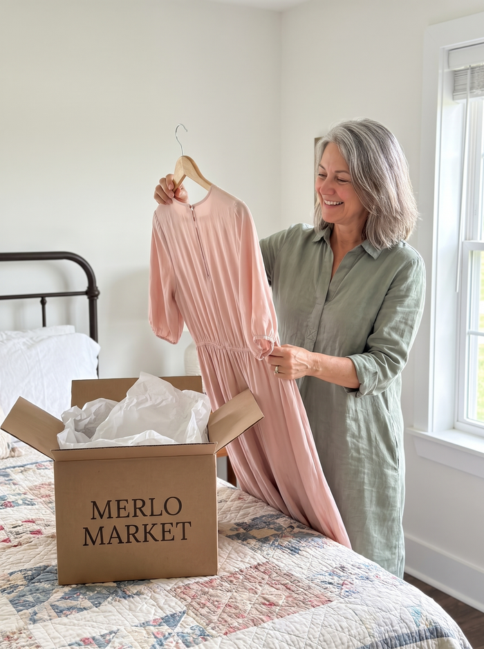 Holding up a new dress from a Merlo Market box