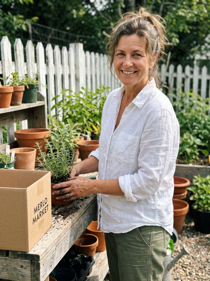 Potting herbs with a Merlo Market box in the garden