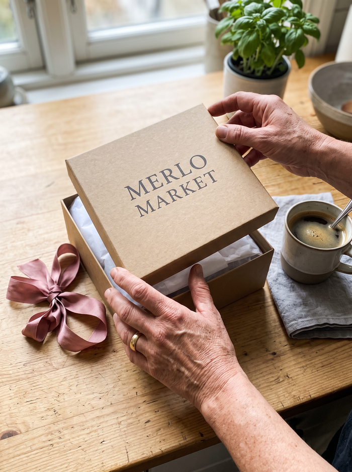 Unboxing a Merlo Market package at the kitchen table