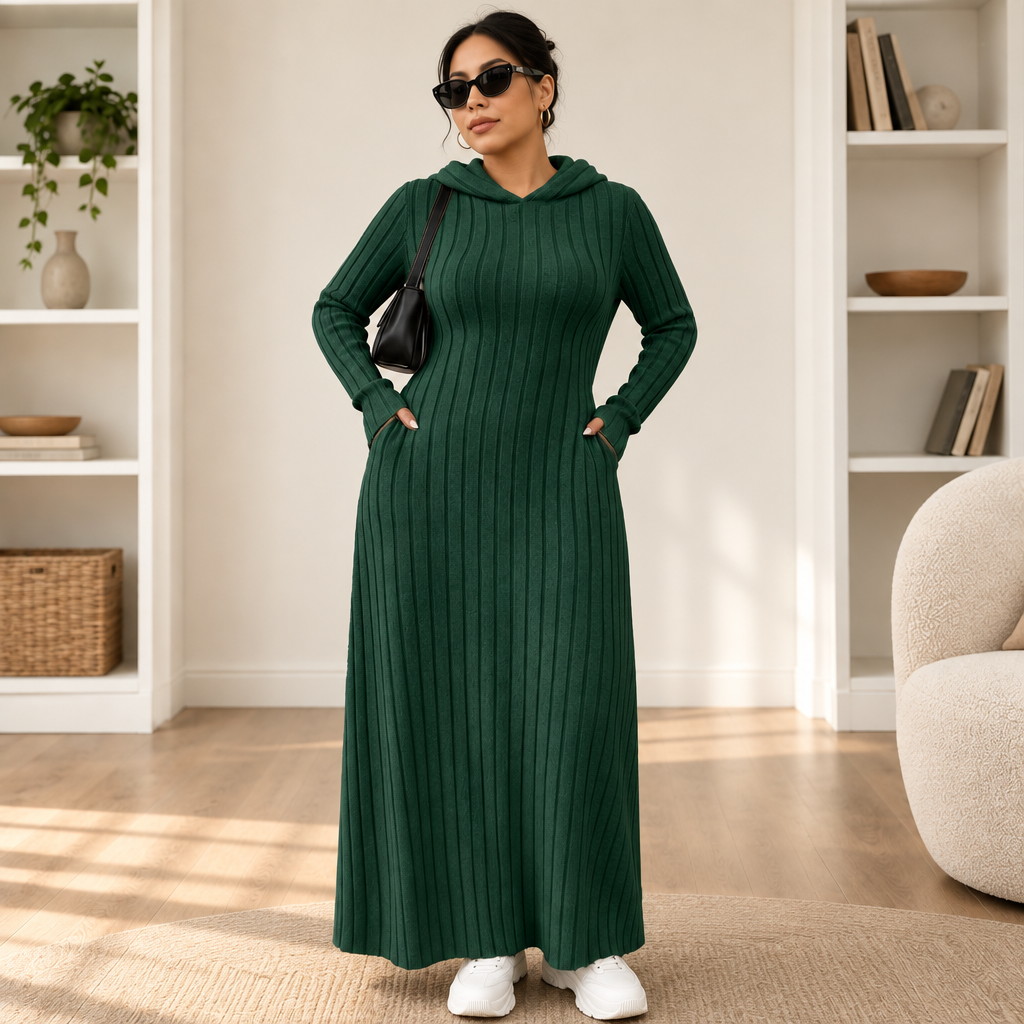Abigail - Women’s elegant plus size knitted maxi dress with hood and long sleeve