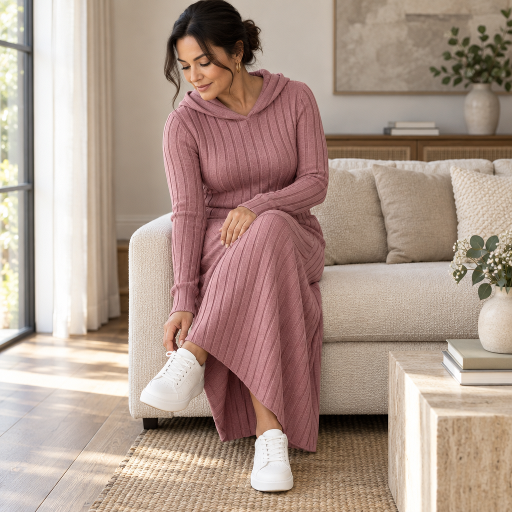 Abigail - Women’s elegant plus size knitted maxi dress with hood and long sleeve