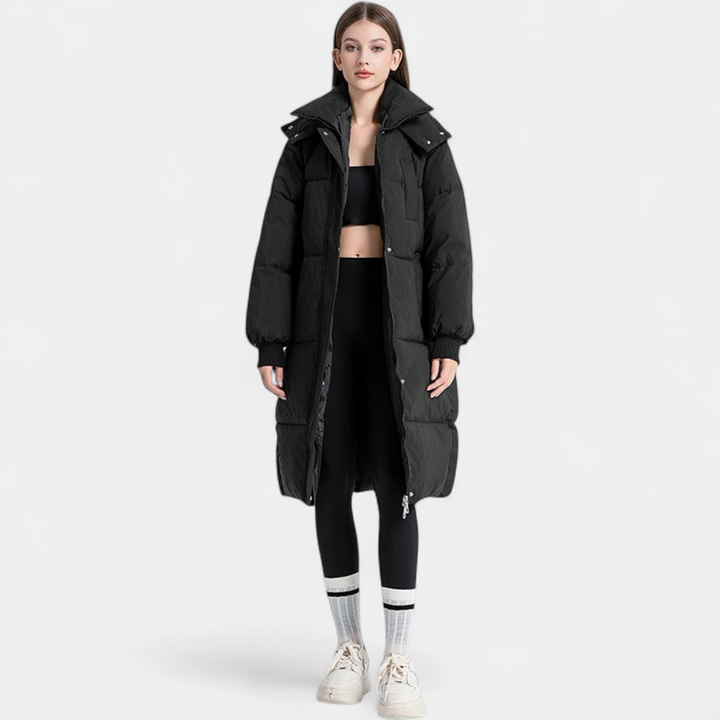 Abigail - Women’s long puffer winter coat oversized with hood and flap pockets
