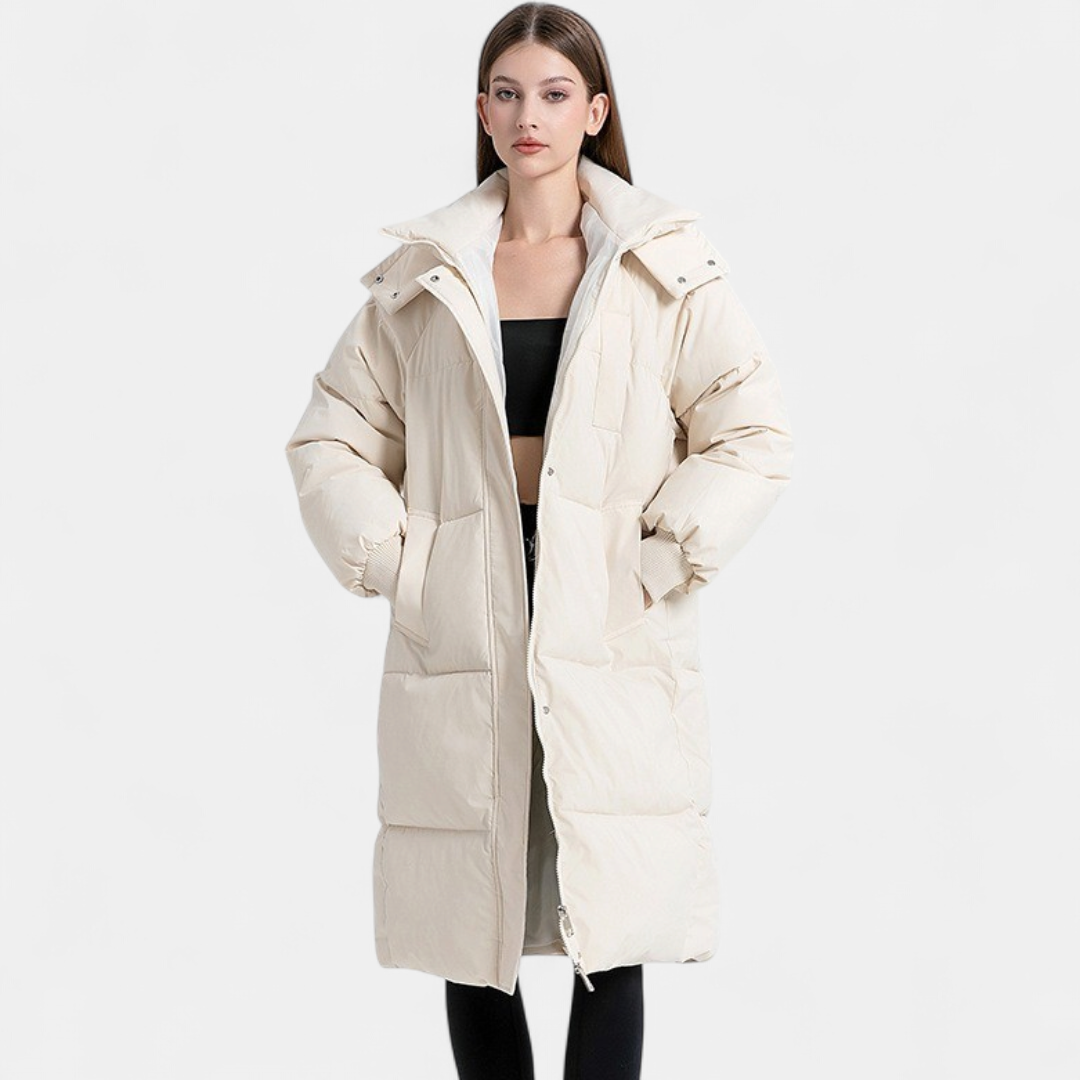 Abigail - Women’s long puffer winter coat oversized with hood and flap pockets