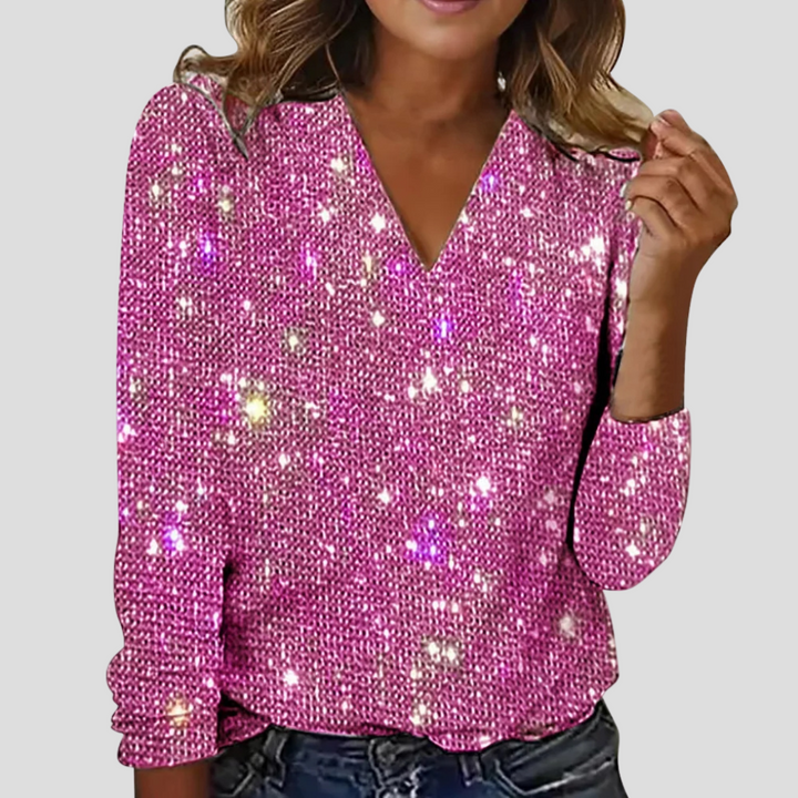 Amelia - Women’s long sleeve top sparkly and festive with collared v neck