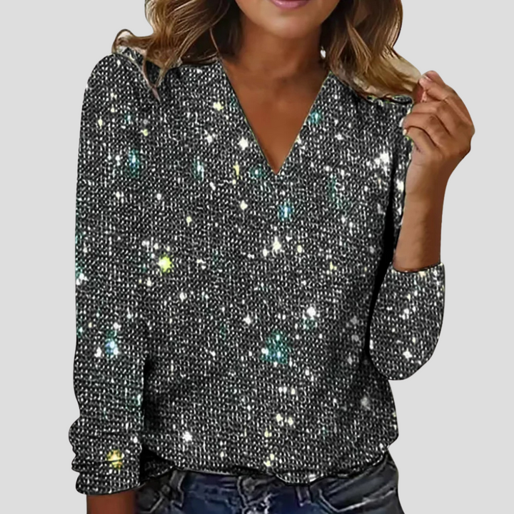 Amelia - Women’s long sleeve top sparkly and festive with collared v neck