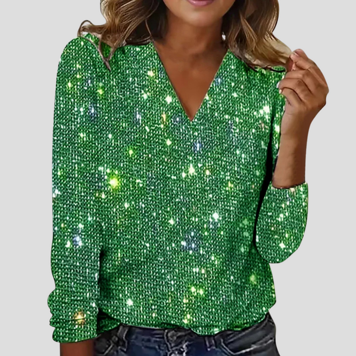 Amelia - Women’s long sleeve top sparkly and festive with collared v neck