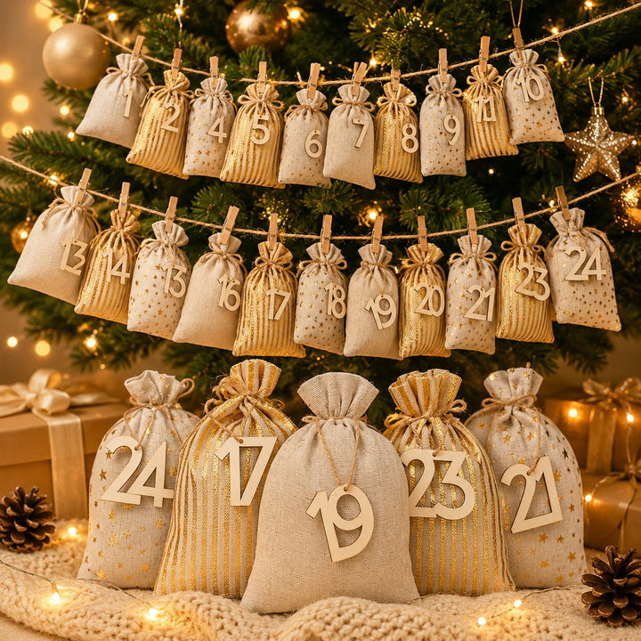 Christmas Advent Calendar Fillable Bags | 24 Numbered Fabric Pouches | Reusable Holiday Countdown