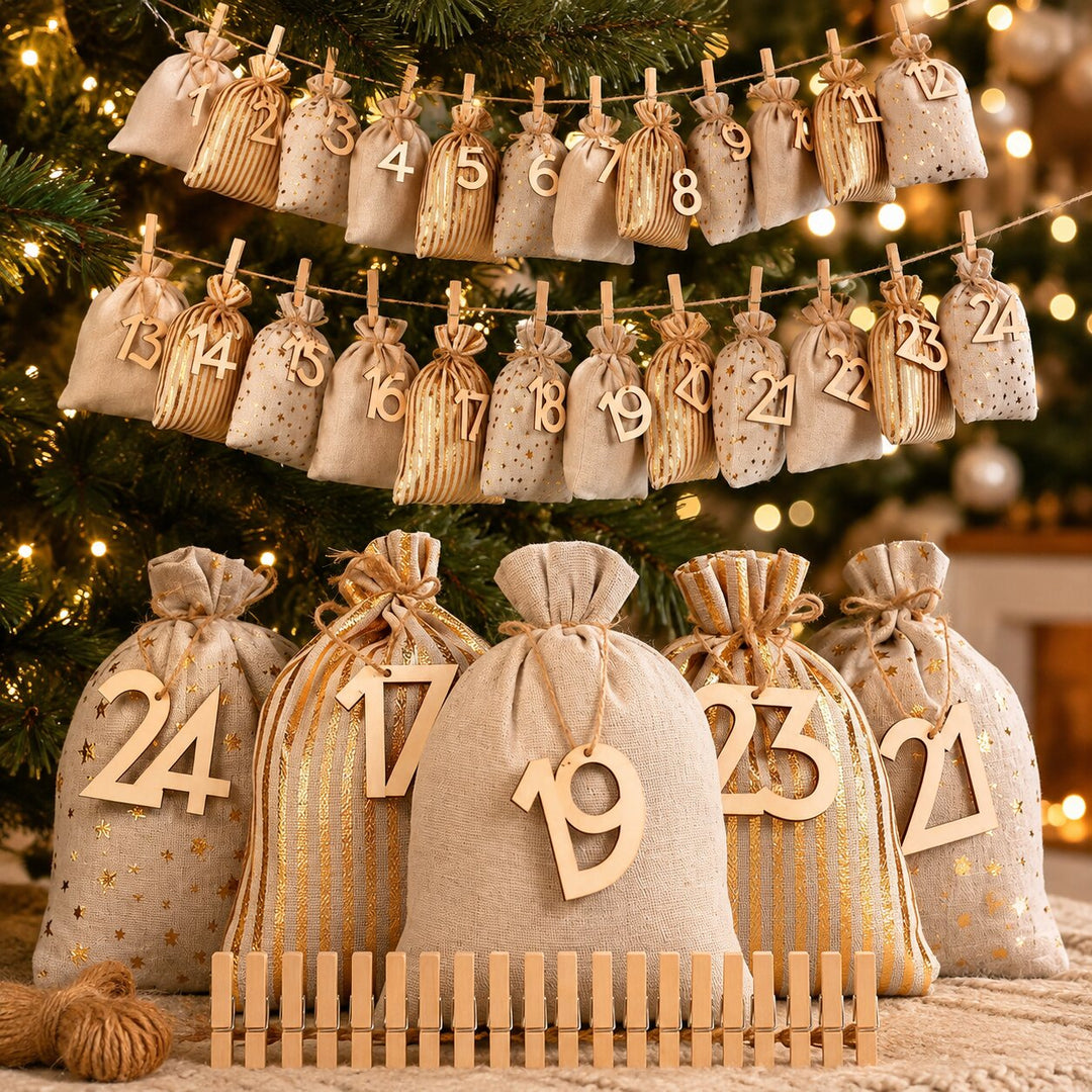 Christmas Advent Calendar Fillable Bags | 24 Numbered Fabric Pouches | Reusable Holiday Countdown