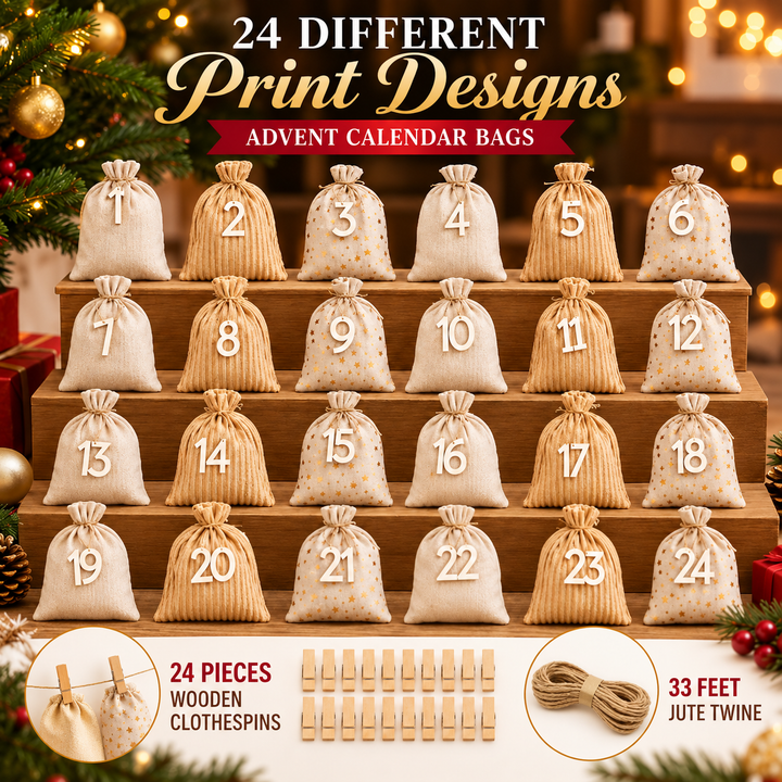Christmas Advent Calendar Fillable Bags | 24 Numbered Fabric Pouches | Reusable Holiday Countdown
