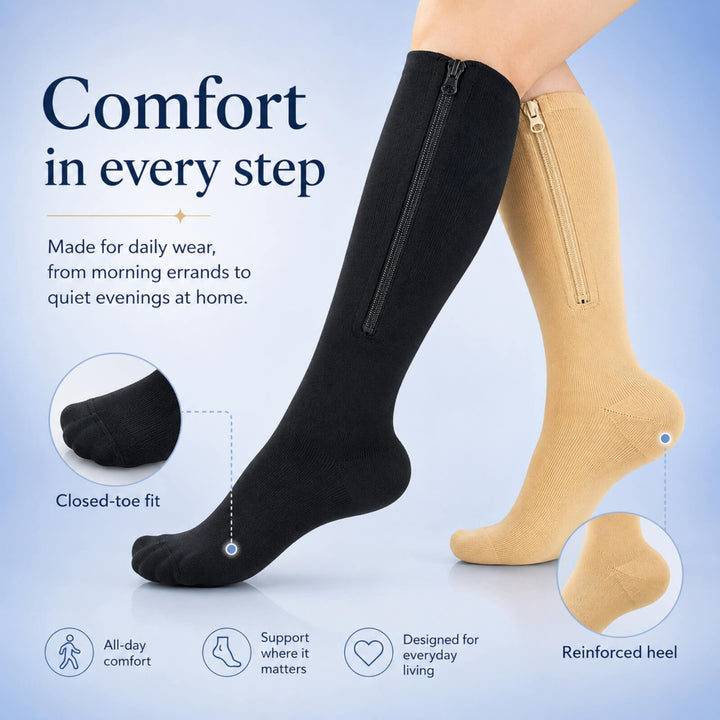 Compression Socks | 15–20 mmHg Graduated Support | Knee-High Design | Easy Zip Closure
