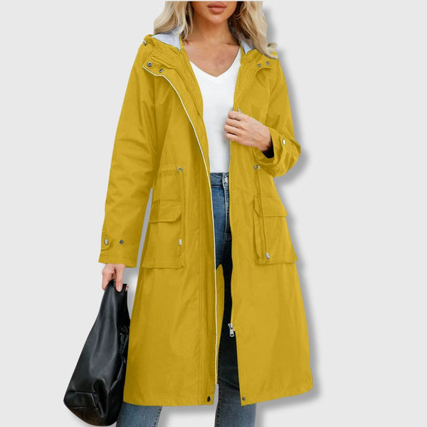 Delilah - Women's Long Waterproof Rain Jacket for Fall with a Hood Waist Tie