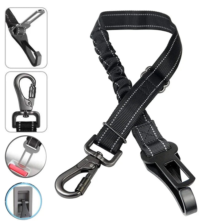 Dog Car Seat Belt | Adjustable Bungee Restraint with 360° Locking Clip and Reflective Nylon Strap