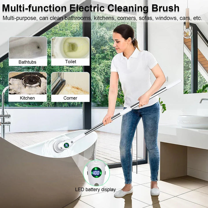 Electric Spin Scrubber | 8 Cleaning Heads | Cordless Rechargeable | Adjustable Extension Handle