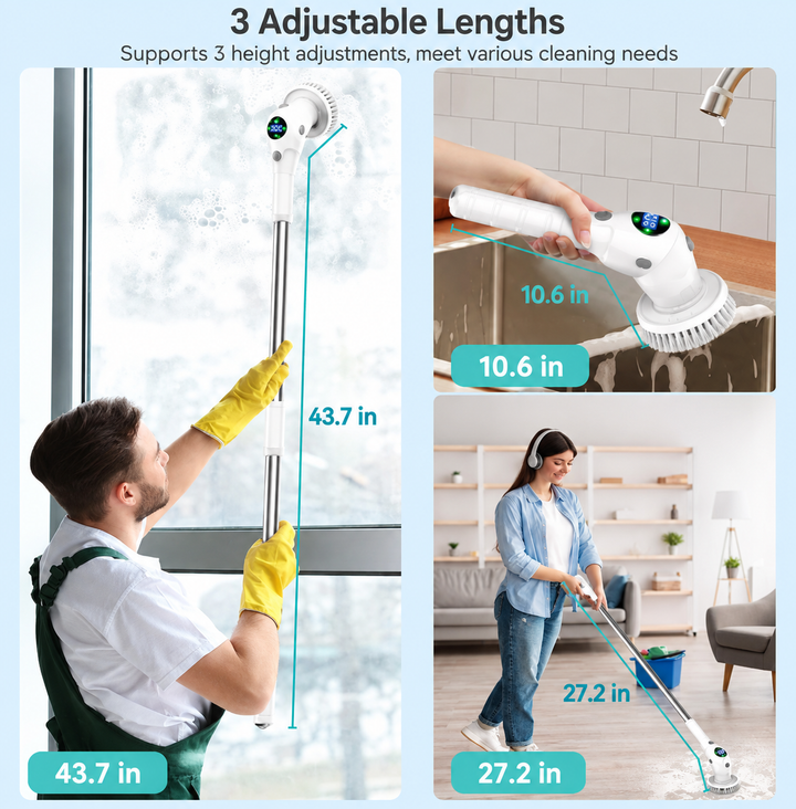 Electric Spin Scrubber | 8 Cleaning Heads | Cordless Rechargeable | Adjustable Extension Handle