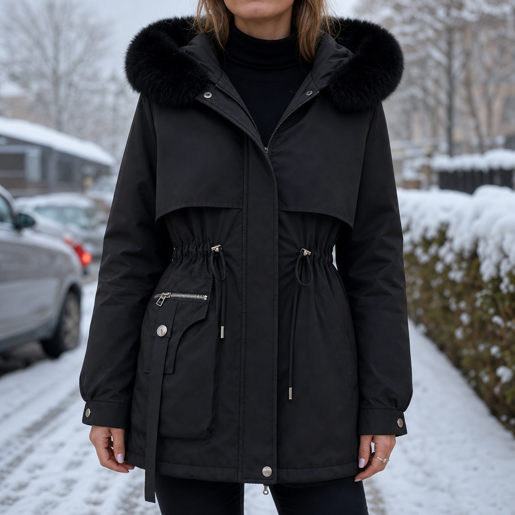 Grace - Women’s winter coat with hood warm lined and drawstring waist