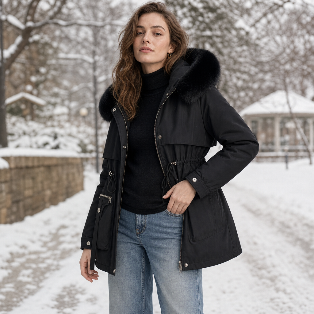 Grace - Women’s winter coat with hood warm lined and drawstring waist
