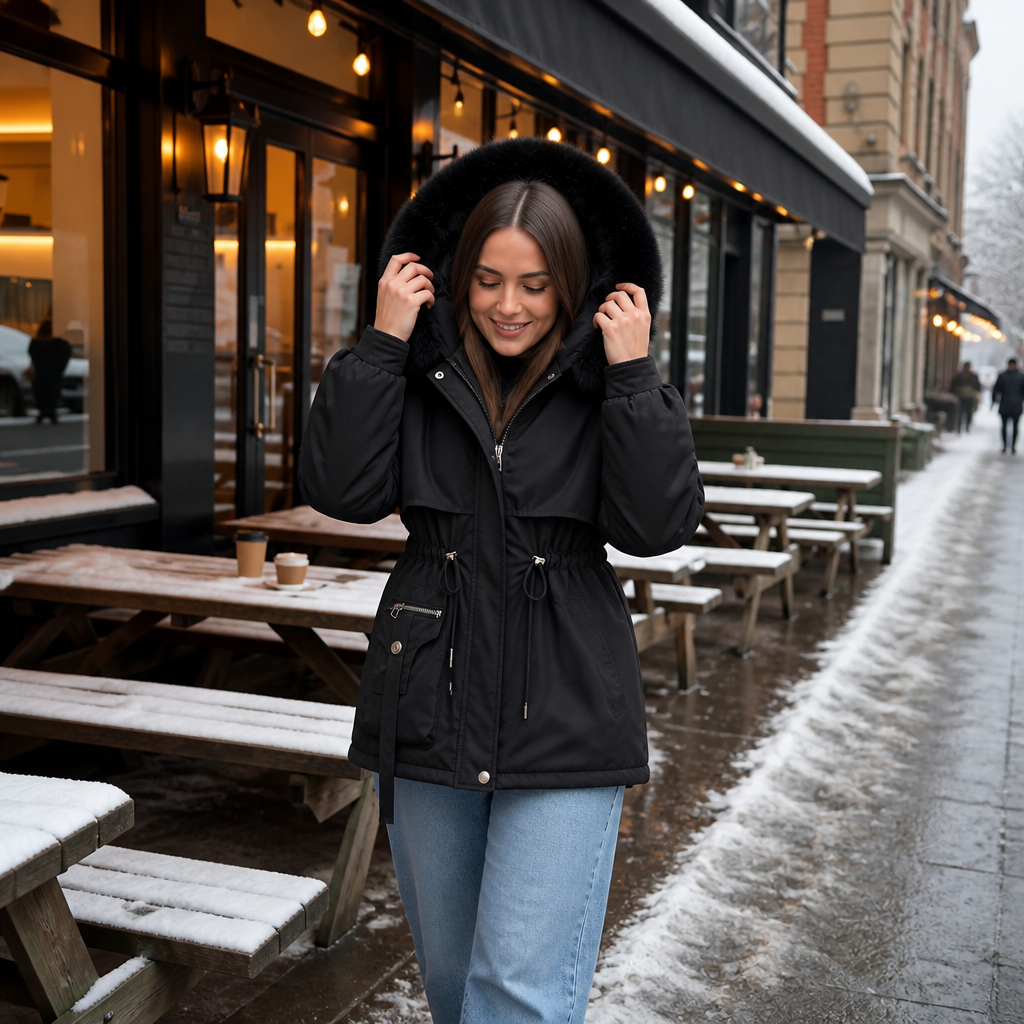 Grace - Women’s winter coat with hood warm lined and drawstring waist
