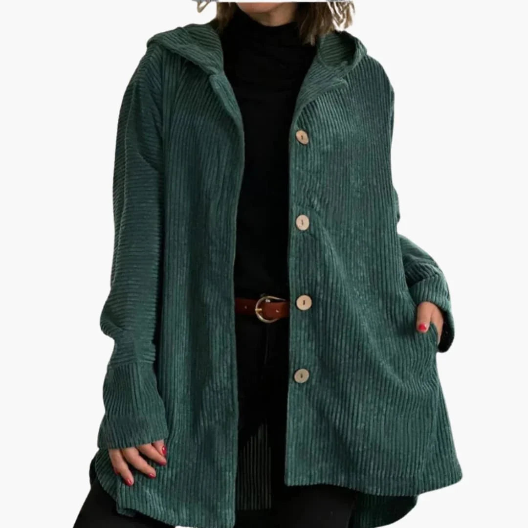 Hazel - Women’s hooded jacket oversized with ribbed button front and pockets