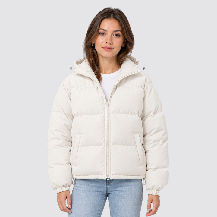 Hazel - Women’s hooded puffer jacket cropped and oversized with zip front