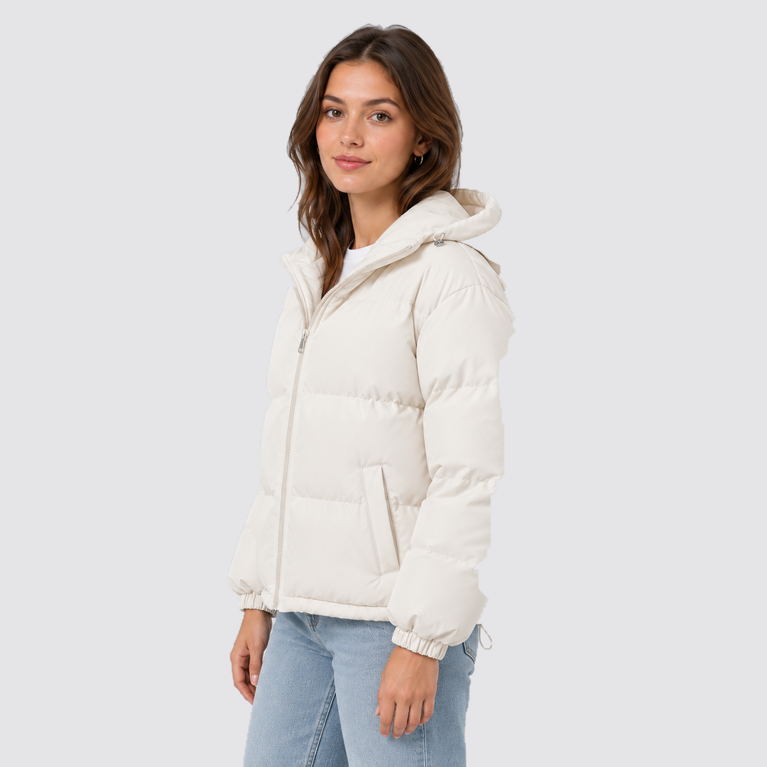 Hazel - Women’s hooded puffer jacket cropped and oversized with zip front