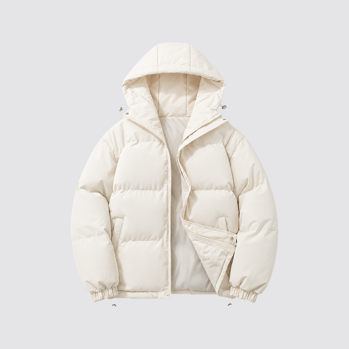 Hazel - Women’s hooded puffer jacket cropped and oversized with zip front