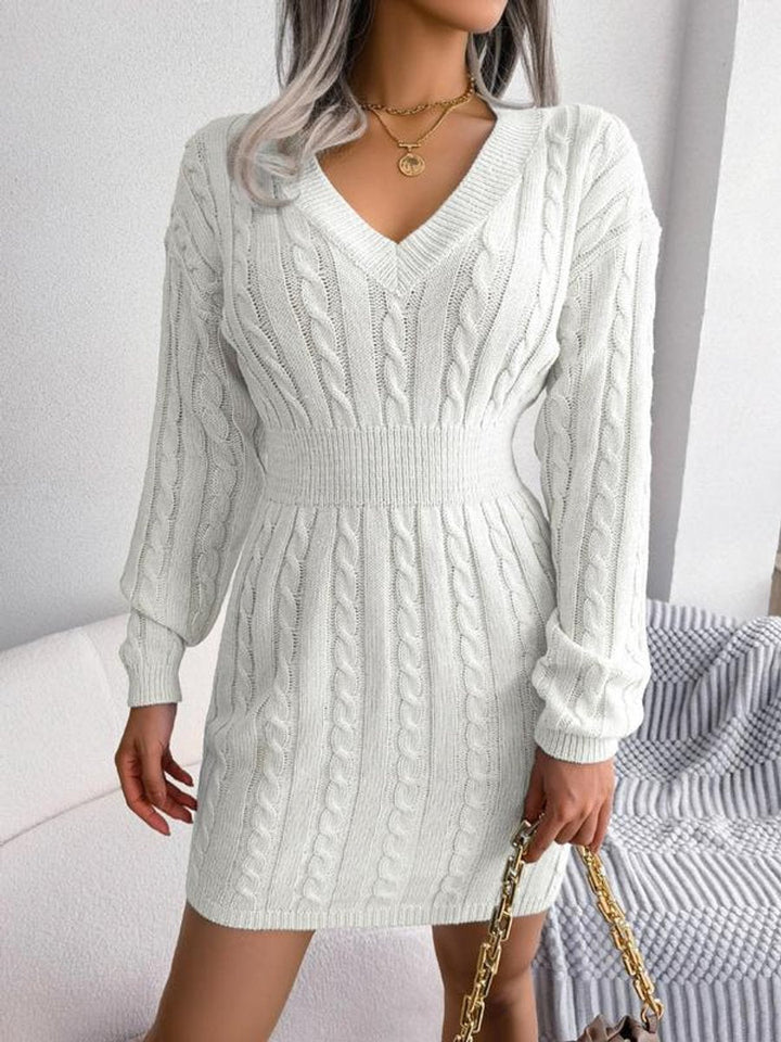 Isabella - Women’s long sleeve knitted sweater dress with v neck and ribbed waist