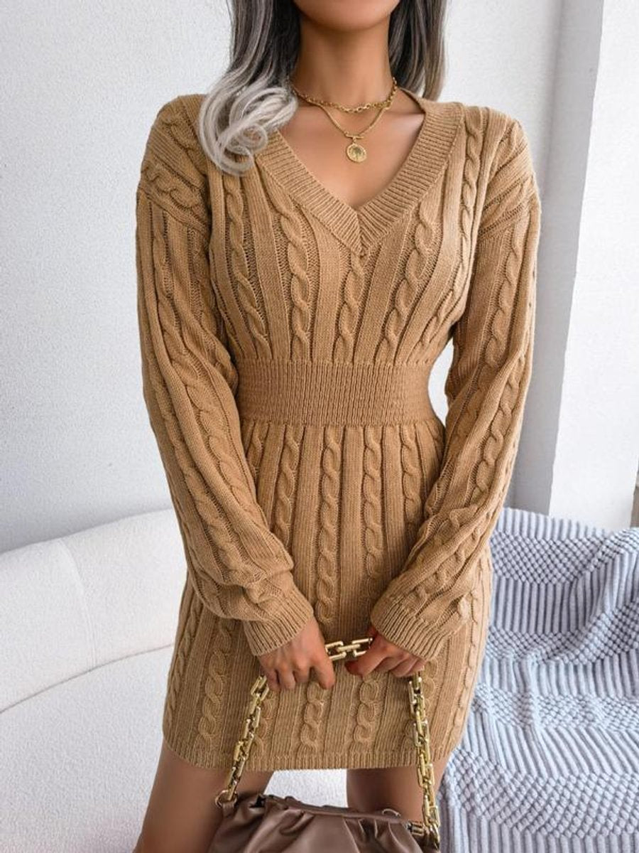Isabella - Women’s long sleeve knitted sweater dress with v neck and ribbed waist