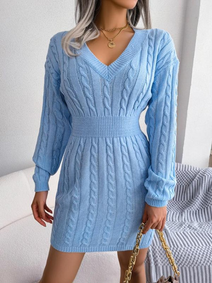 Isabella - Women’s long sleeve knitted sweater dress with v neck and ribbed waist