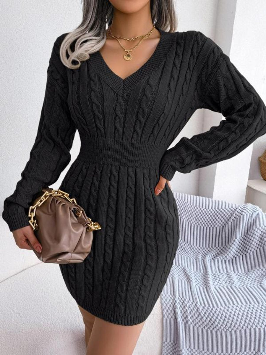Isabella - Women’s long sleeve knitted sweater dress with v neck and ribbed waist