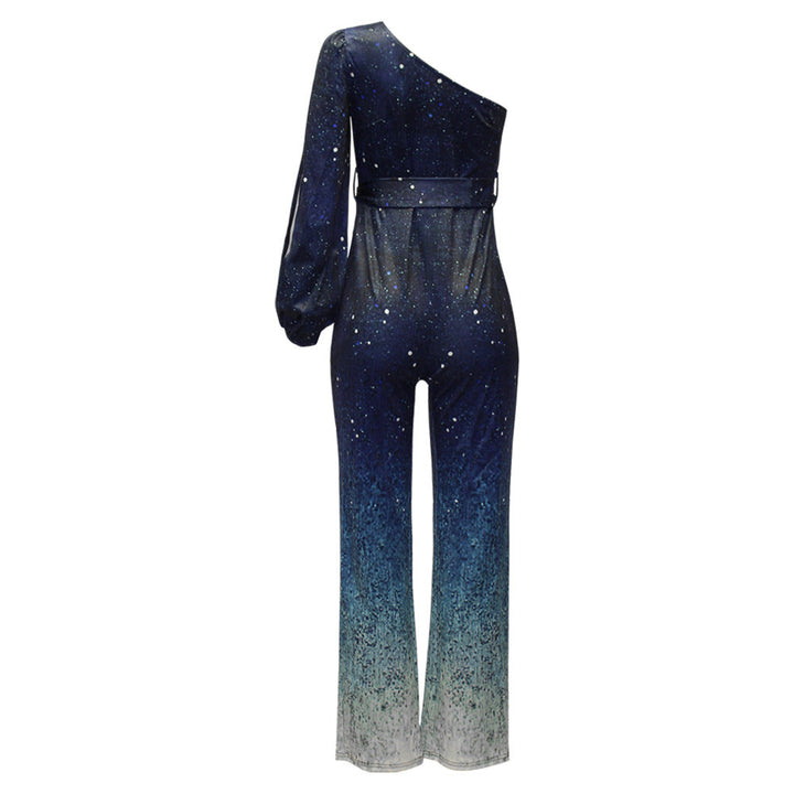 Isabella - Women’s party jumpsuit with sparkly glitter one shoulder and wide leg