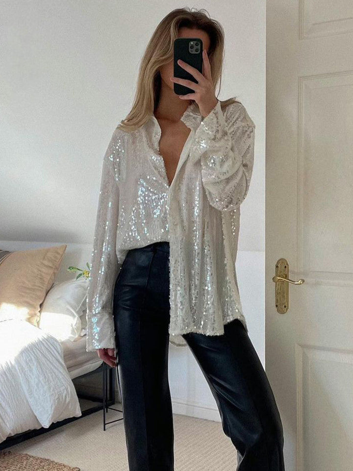 Mia - Women’s party blouse sparkly and oversized with button up front