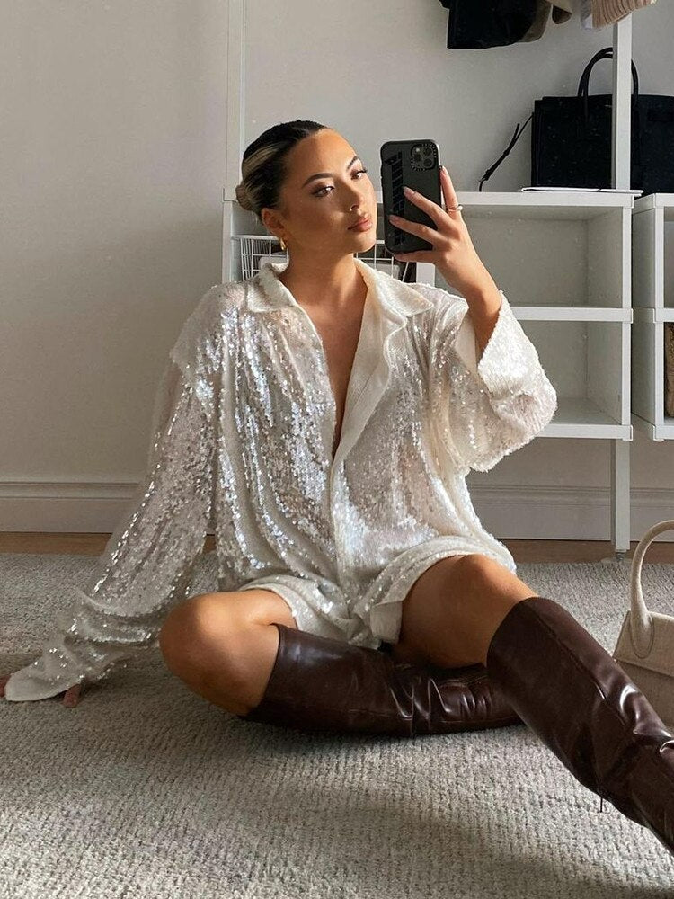 Mia - Women’s party blouse sparkly and oversized with button up front