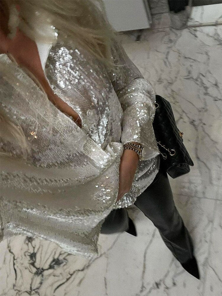 Mia - Women’s party blouse sparkly and oversized with button up front