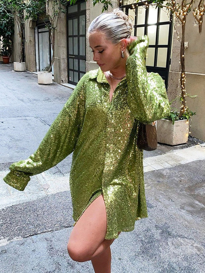 Mia - Women’s party blouse sparkly and oversized with button up front