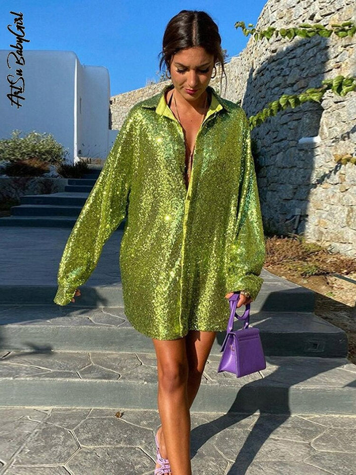 Mia - Women’s party blouse sparkly and oversized with button up front
