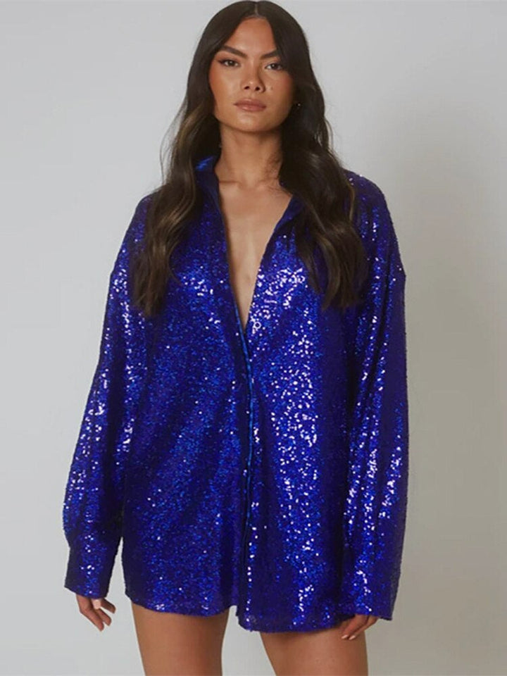 Mia - Women’s party blouse sparkly and oversized with button up front