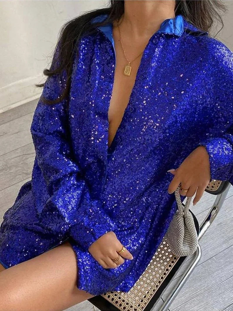 Mia - Women’s party blouse sparkly and oversized with button up front