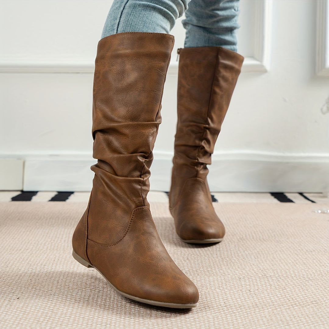 Mia - Women’s slouchy knee high boots with flat sole and side zip