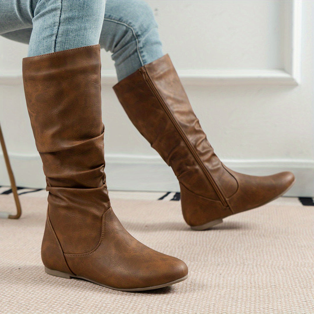 Mia - Women’s slouchy knee high boots with flat sole and side zip