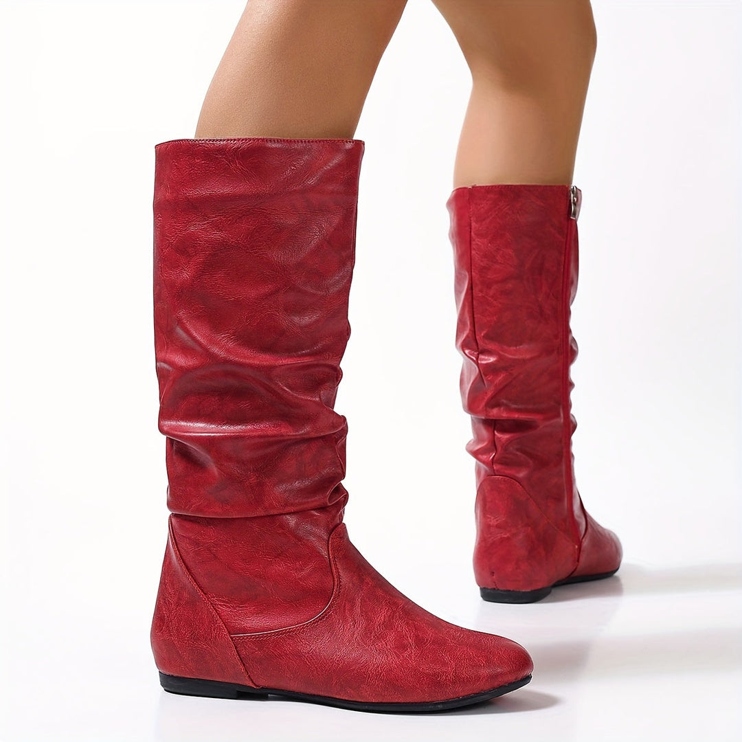 Mia - Women’s slouchy knee high boots with flat sole and side zip