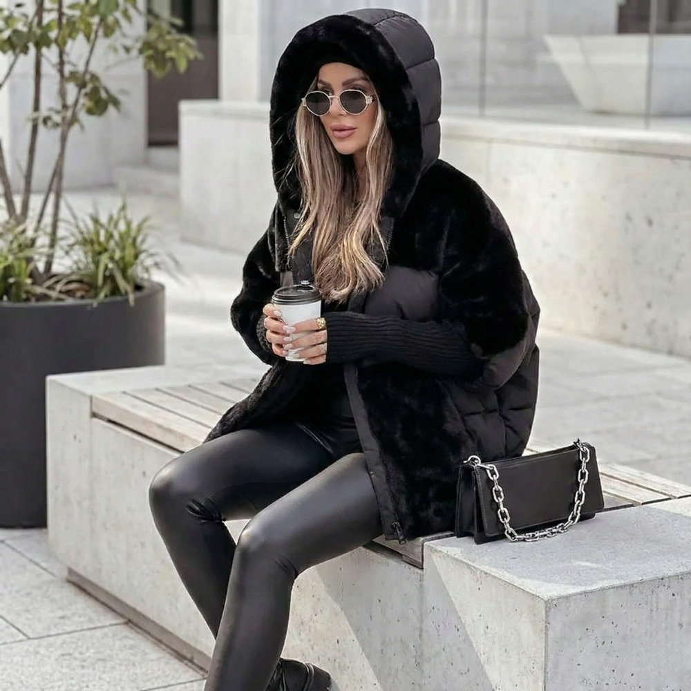 Nora - Women’s teddy puffer jacket for winter with hood and knitted cuffs