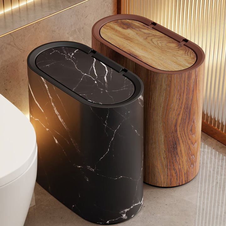 Oval Trash Can with Lid | Marble Pattern Plastic Waste Bin | Compact Bathroom &amp; Kitchen Organizer