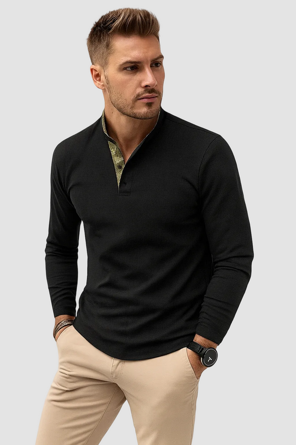 Owen - Men's Long Sleeve Knitted Polo Sweater with Stand Collar and Ribbed Cuffs
