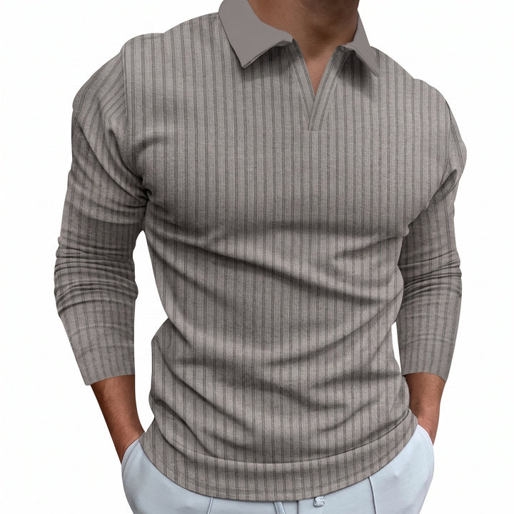 Owen - Men’s ribbed polo shirt with long sleeve and open v neck collar