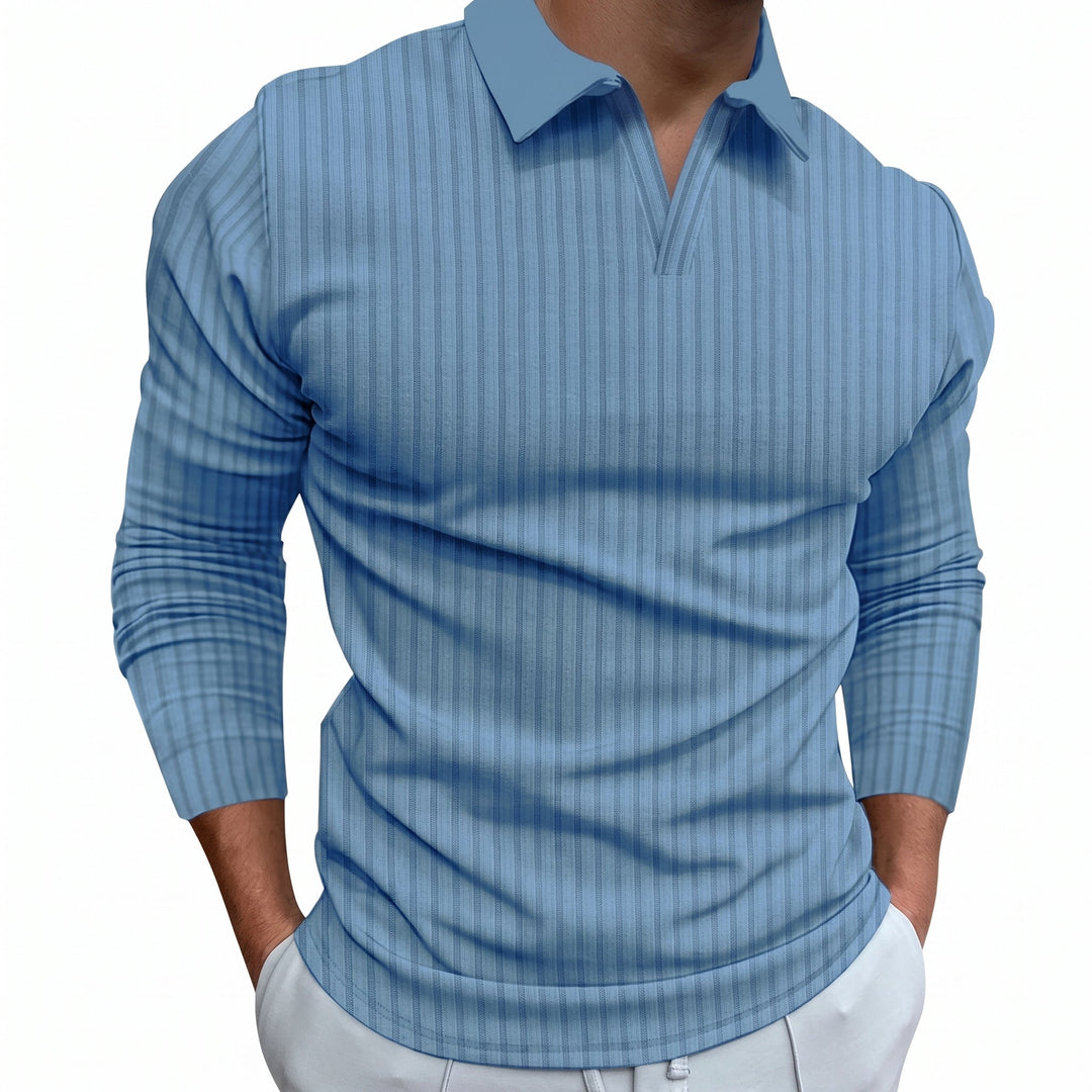 Owen - Men’s ribbed polo shirt with long sleeve and open v neck collar
