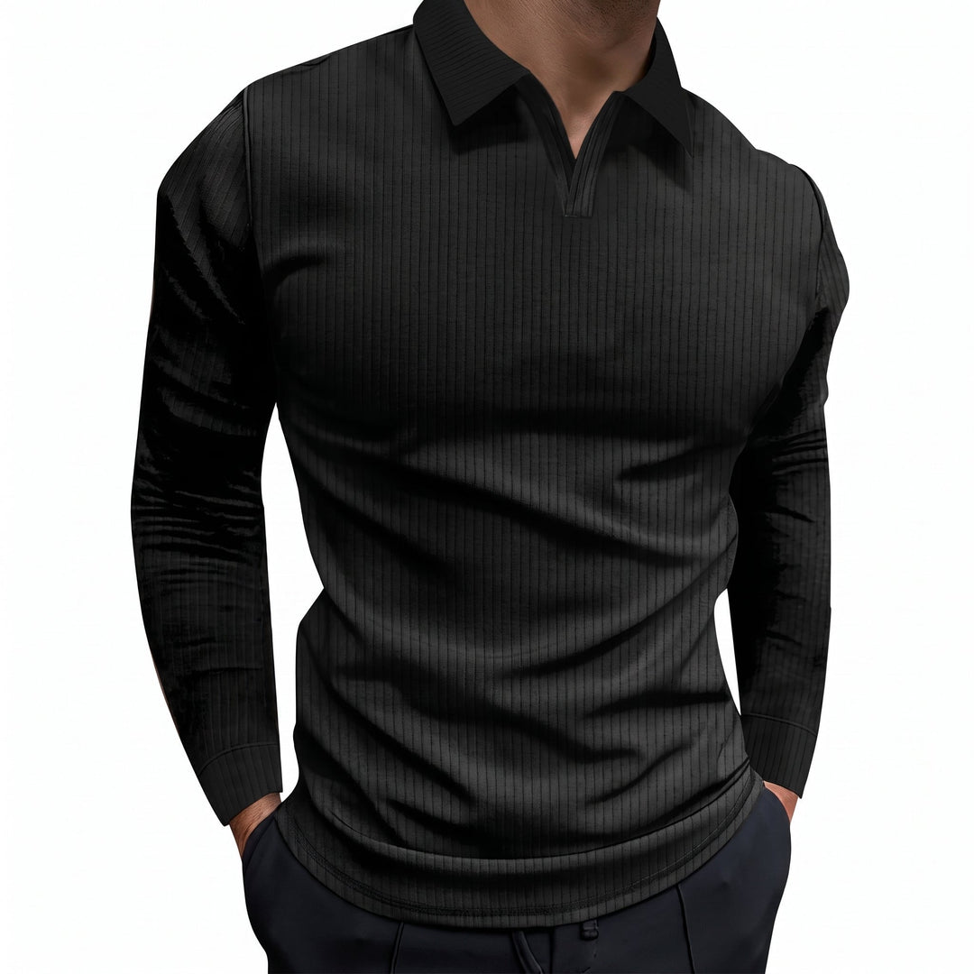 Owen - Men’s ribbed polo shirt with long sleeve and open v neck collar