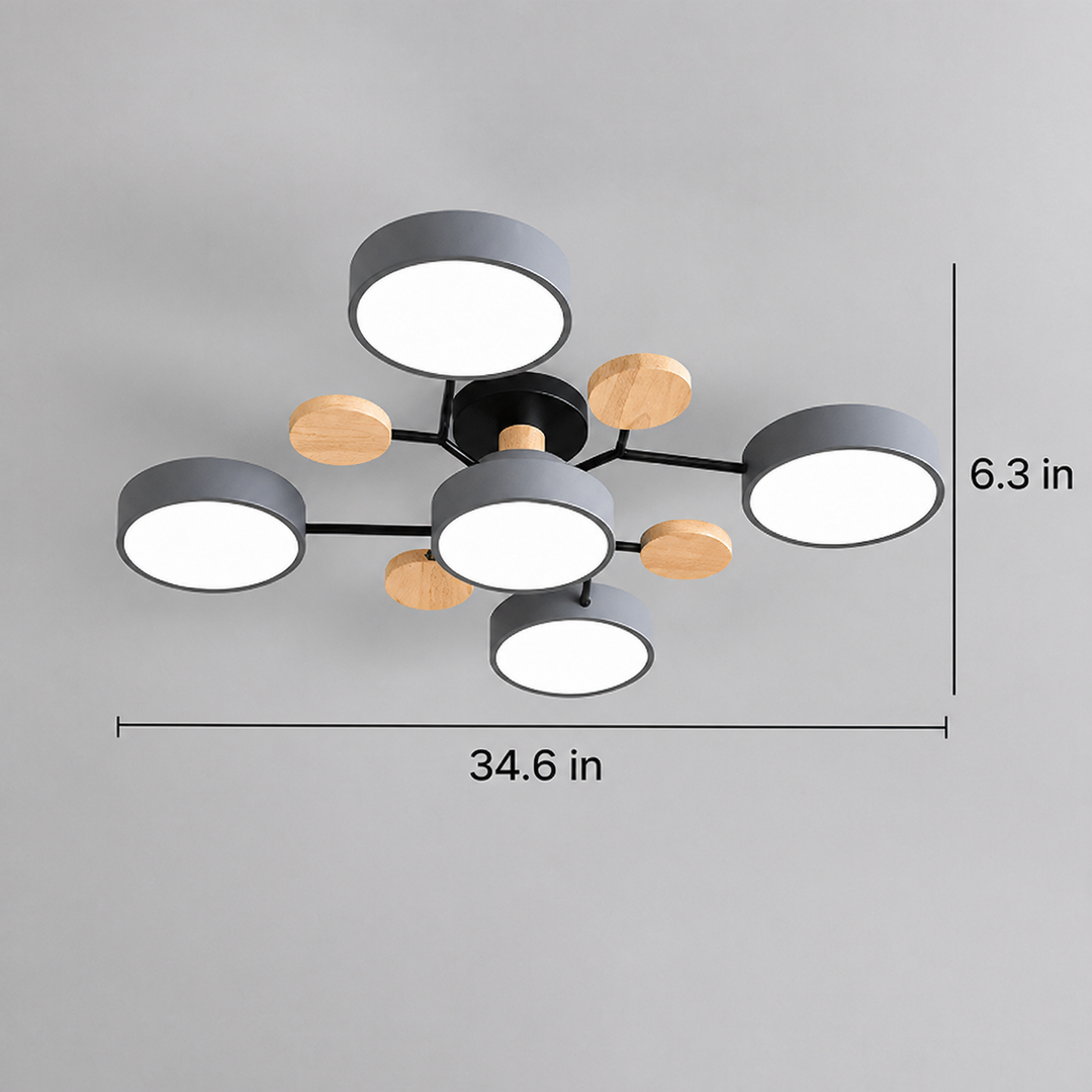 Round LED Ceiling Light | Modern Iron &amp; Wood Fixture | 4, 5 or 6 Heads | 48W, 60W or 72W