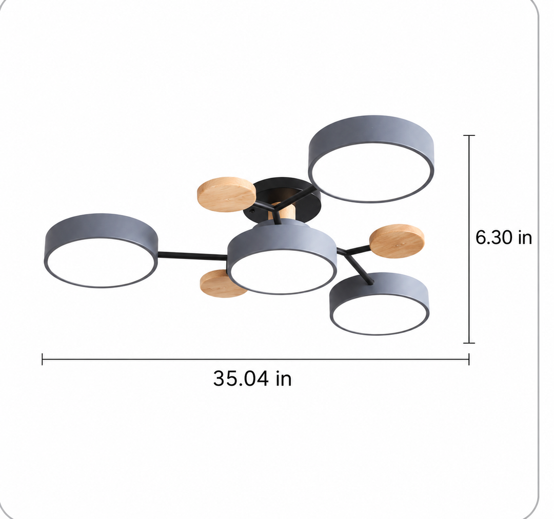 Round LED Ceiling Light | Modern Iron &amp; Wood Fixture | 4, 5 or 6 Heads | 48W, 60W or 72W